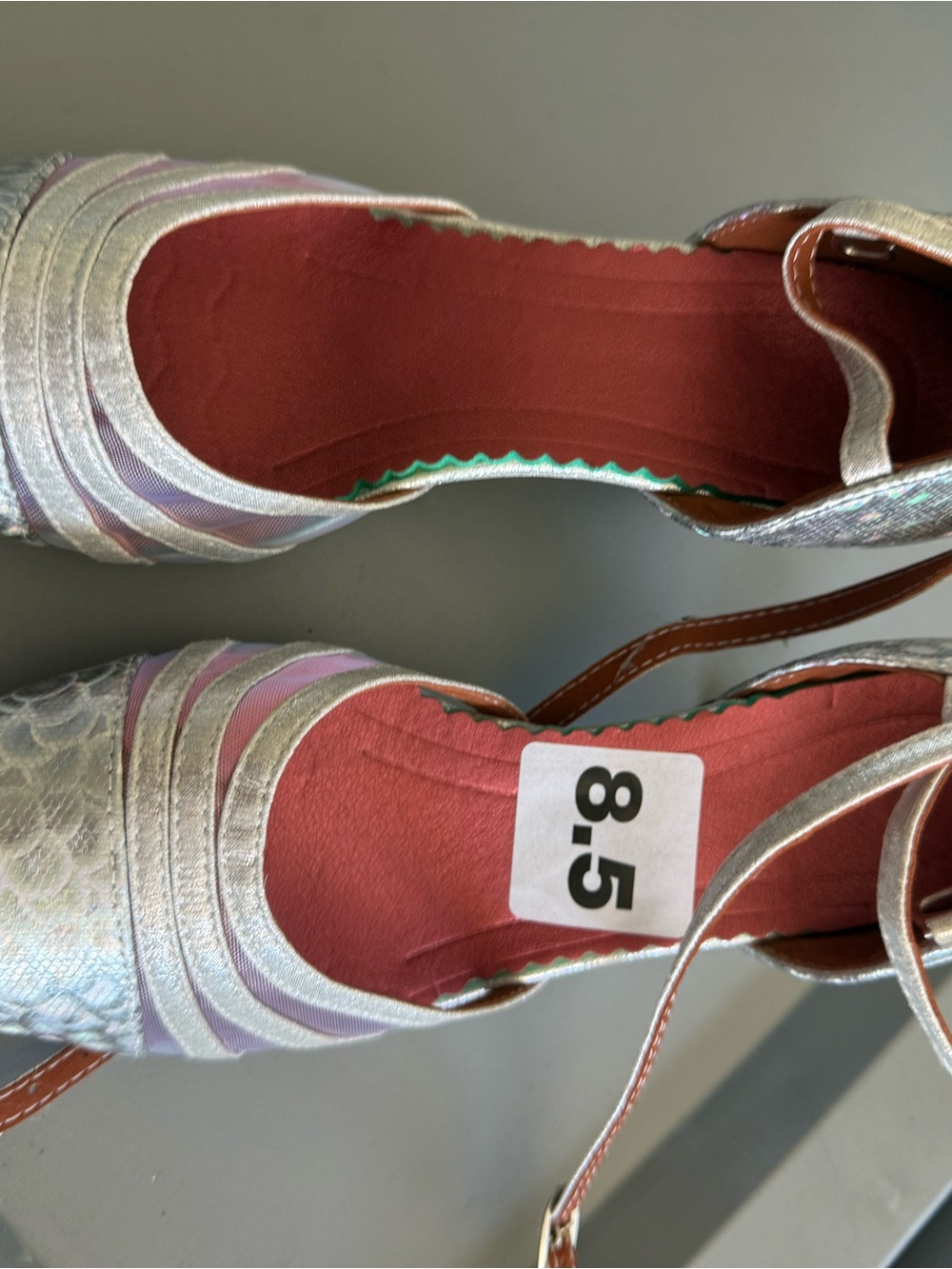 Metallic Silver and Lavender Womens Ankle-Strap Heels